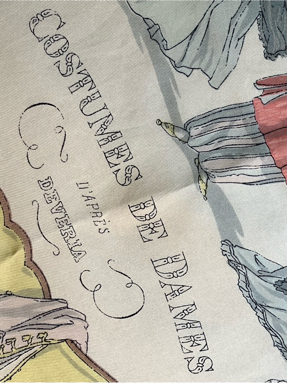 Hermès 'Costumes de Dames' Silk Scarf in Pink, Yellow, Gray - Picture 6 of 13
